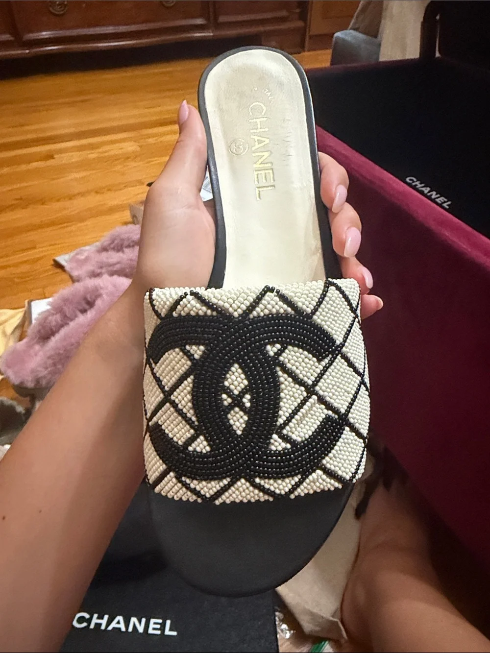 CHANEL Black & White Beaded CC Slide Mules